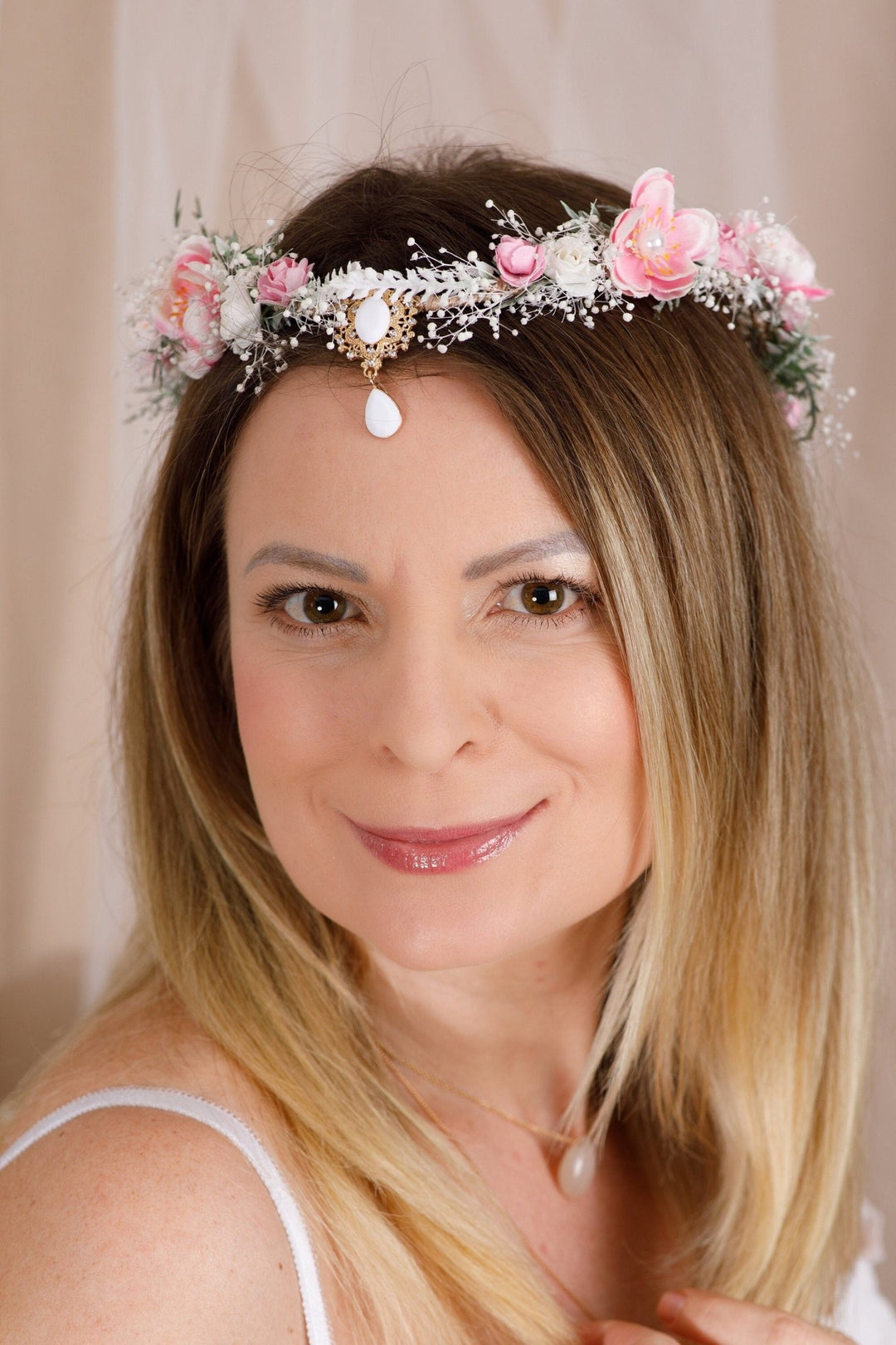 Pink and White Bridal Elf Crown - OlhaHeadband