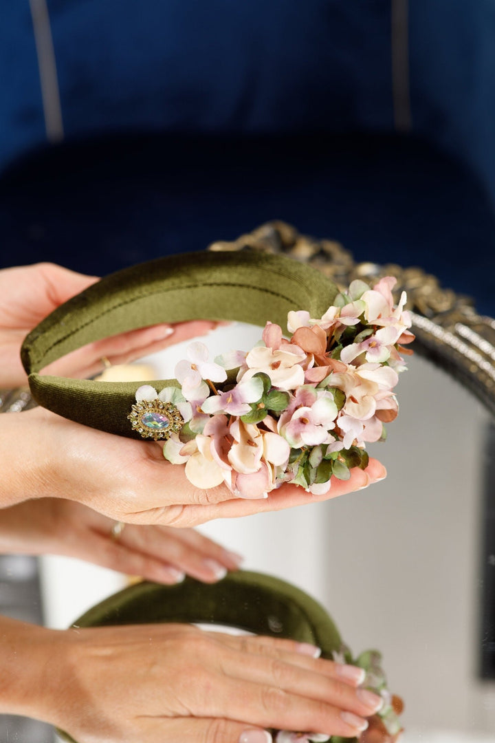 Pink green flowers fascinator - OlhaHeadband