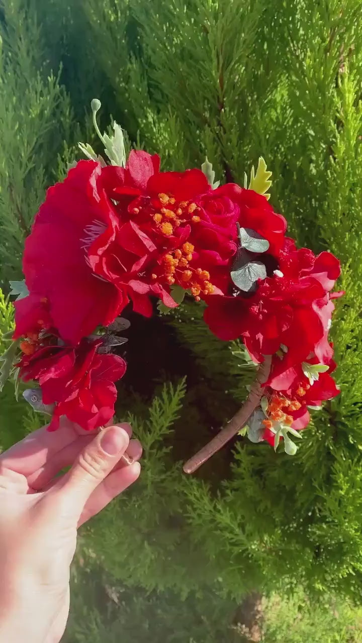 Red Frida Kahlo Flower Crown  for Weddings  Parties