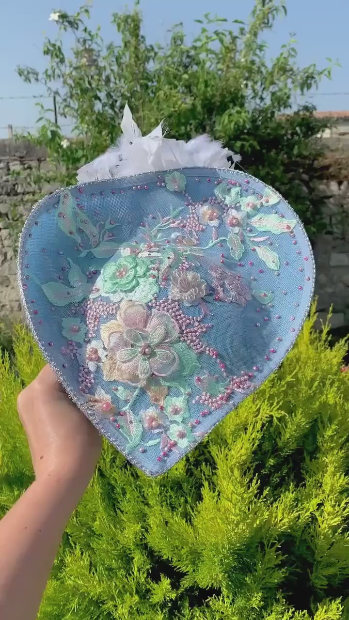 Sky Blue Teardrop fascinator Hat with Lace Pearls & 3D Floral Accents