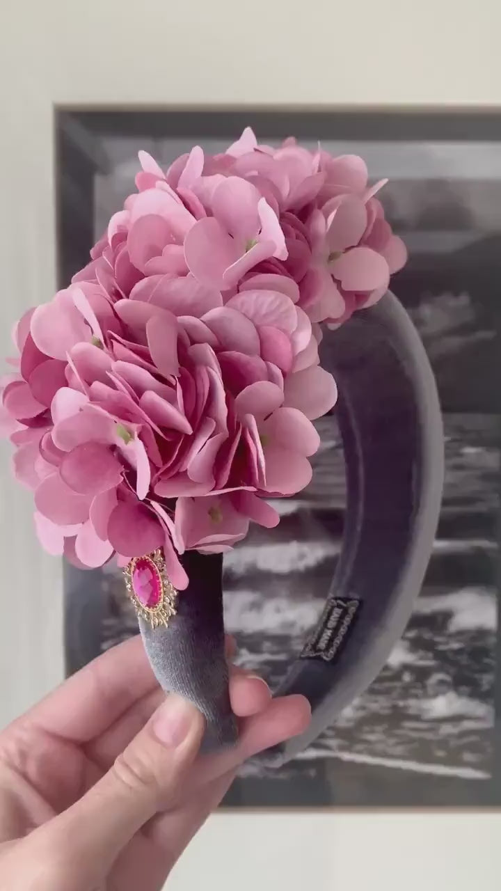 Grey Padded Fascinator Headband with Pink flowers