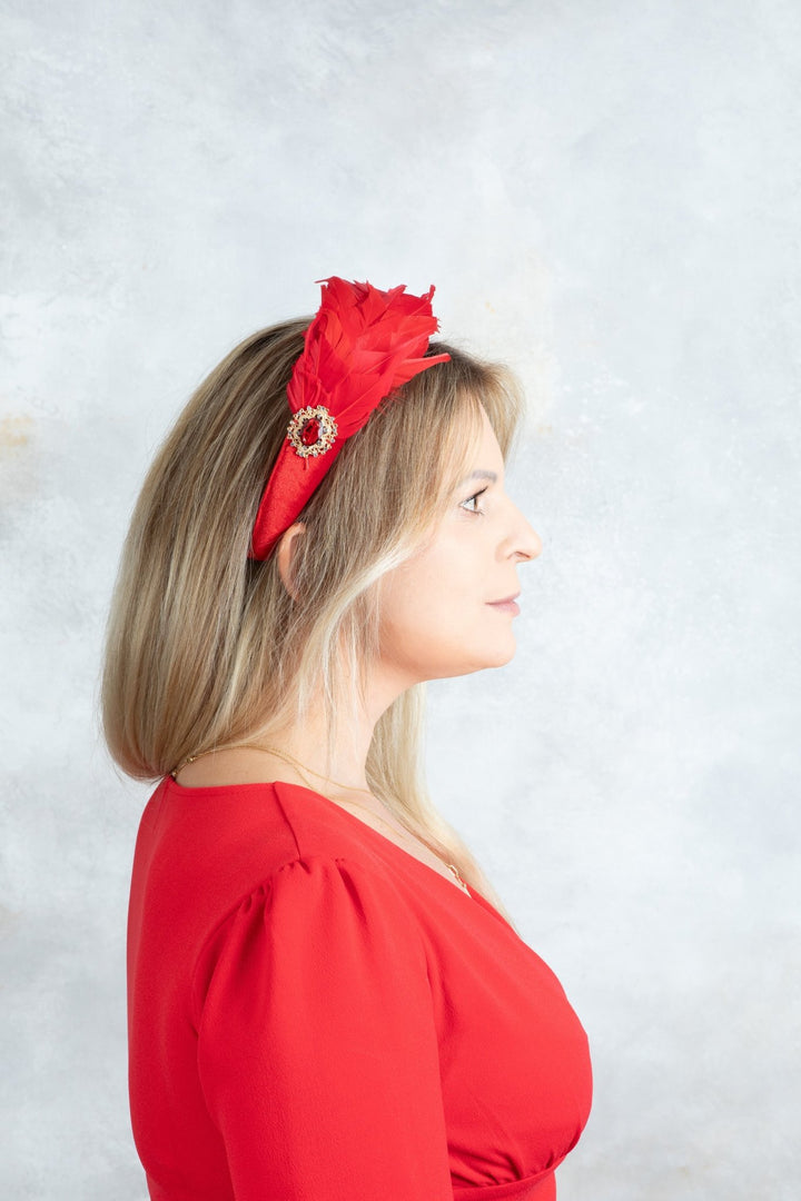 Red feathers padded headband fascinator - OlhaHeadband