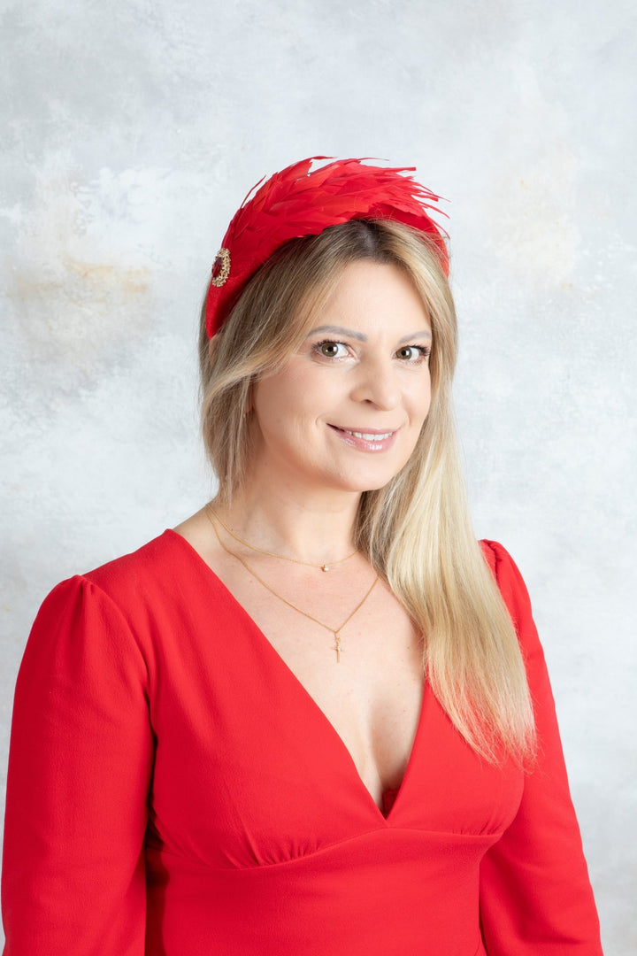 Red feathers padded headband fascinator - OlhaHeadband
