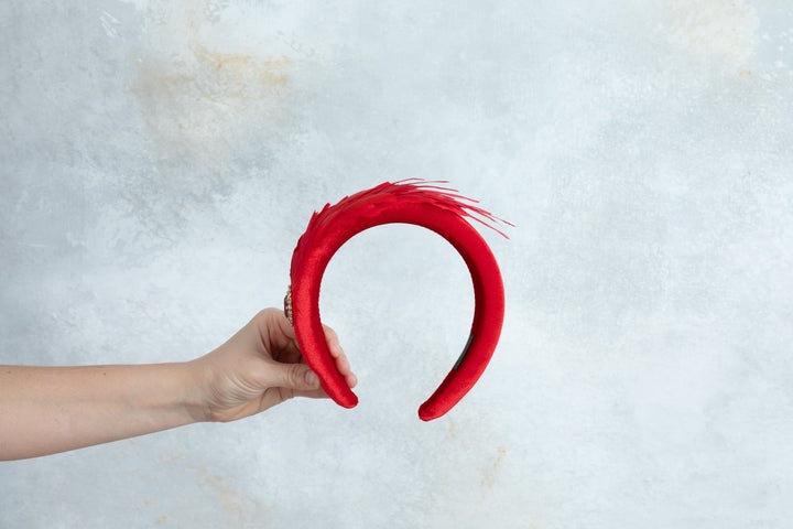 Red feathers padded headband fascinator - OlhaHeadband