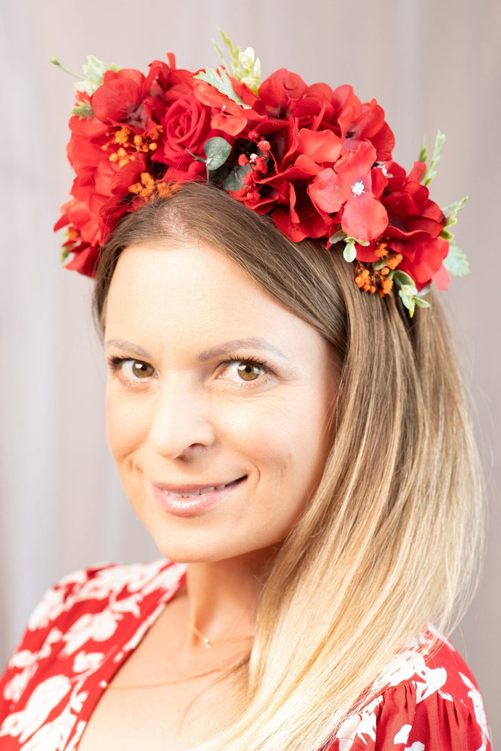 Red Frida Kahlo Flower Crown for Weddings Parties - OlhaHeadband