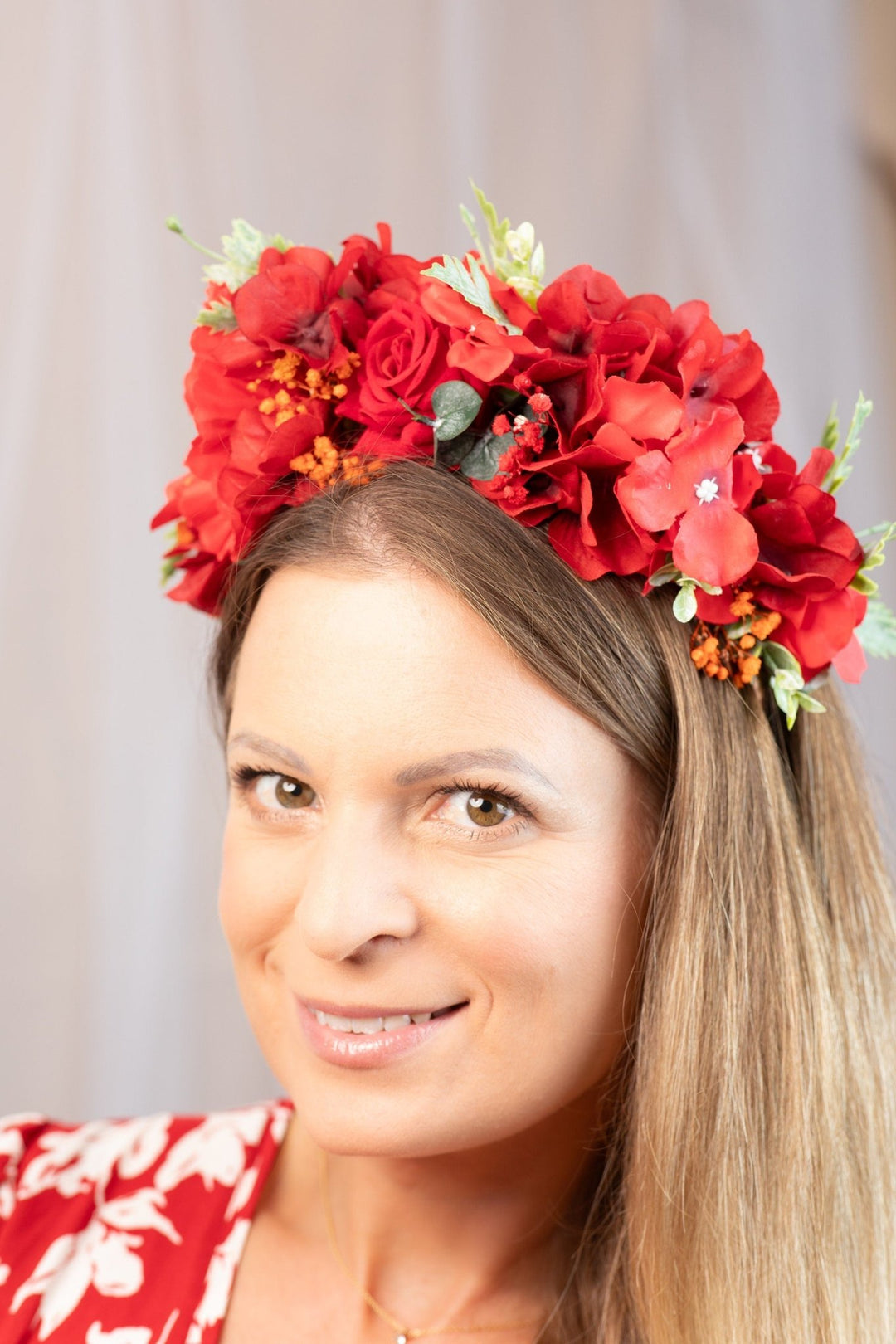 Red Frida Kahlo Flower Crown for Weddings Parties - OlhaHeadband