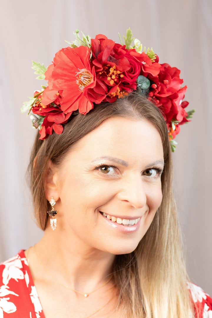 Red Frida Kahlo Flower Crown for Weddings Parties - OlhaHeadband