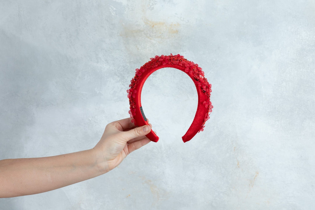 Red padded fascinator headband - OlhaHeadband