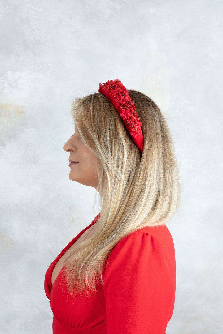 Red padded fascinator headband - OlhaHeadband