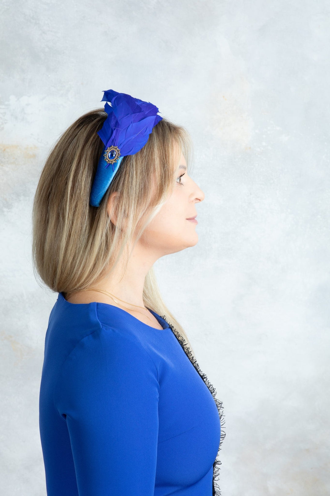 royal blue padded fascinator with blue feathers - OlhaHeadband