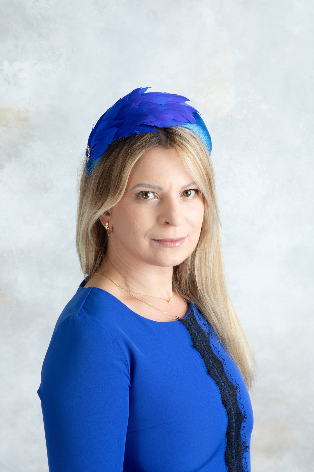 royal blue padded fascinator with blue feathers - OlhaHeadband