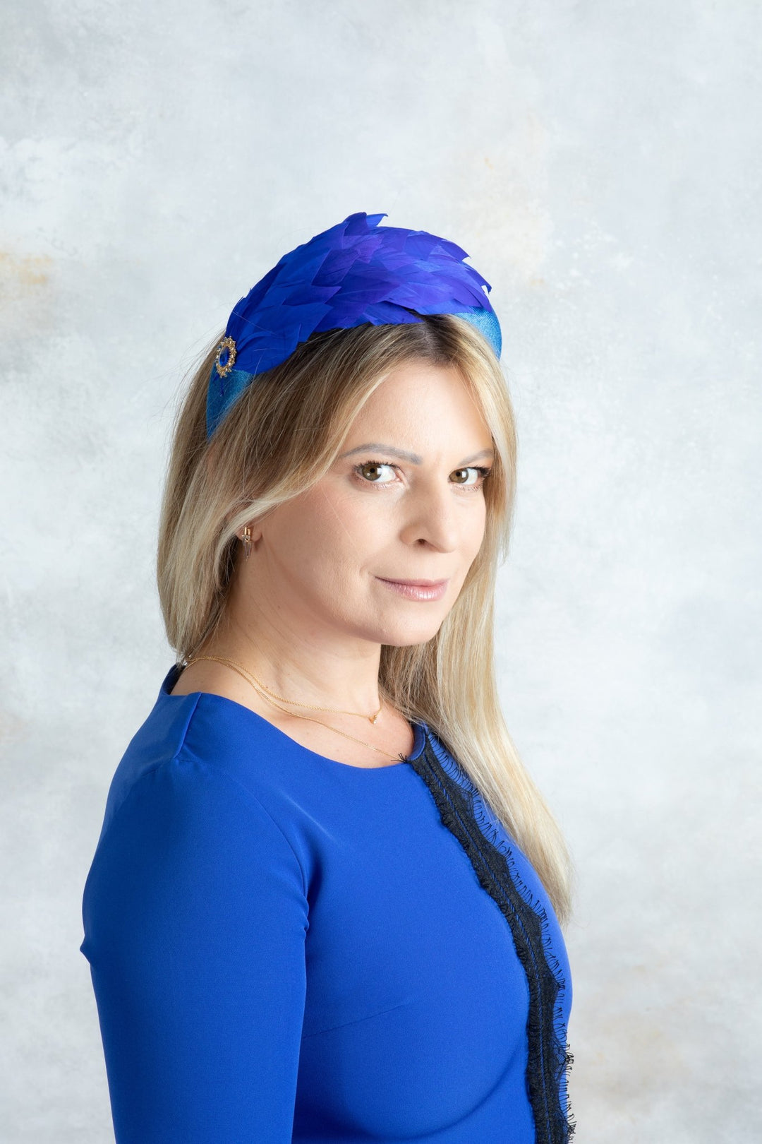 royal blue padded fascinator with blue feathers - OlhaHeadband