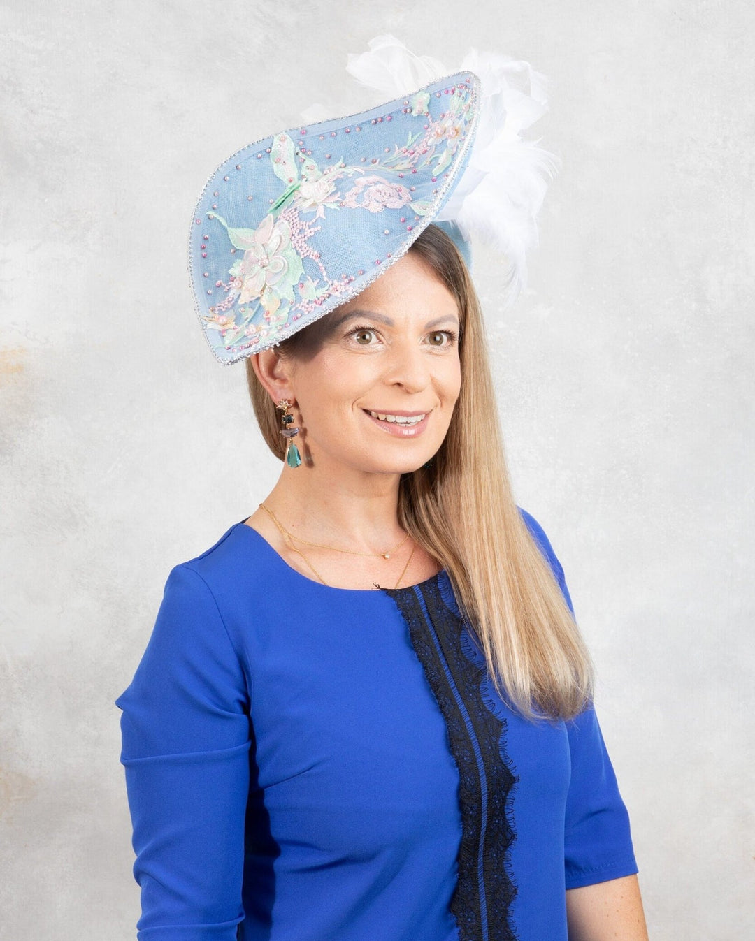 Sky Blue Teardrop fascinator Hat with Lace Pearls & 3D Floral Accents - OlhaHeadband