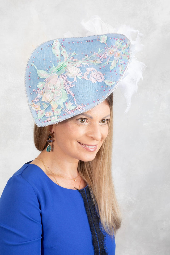 Sky Blue Teardrop fascinator Hat with Lace Pearls & 3D Floral Accents - OlhaHeadband