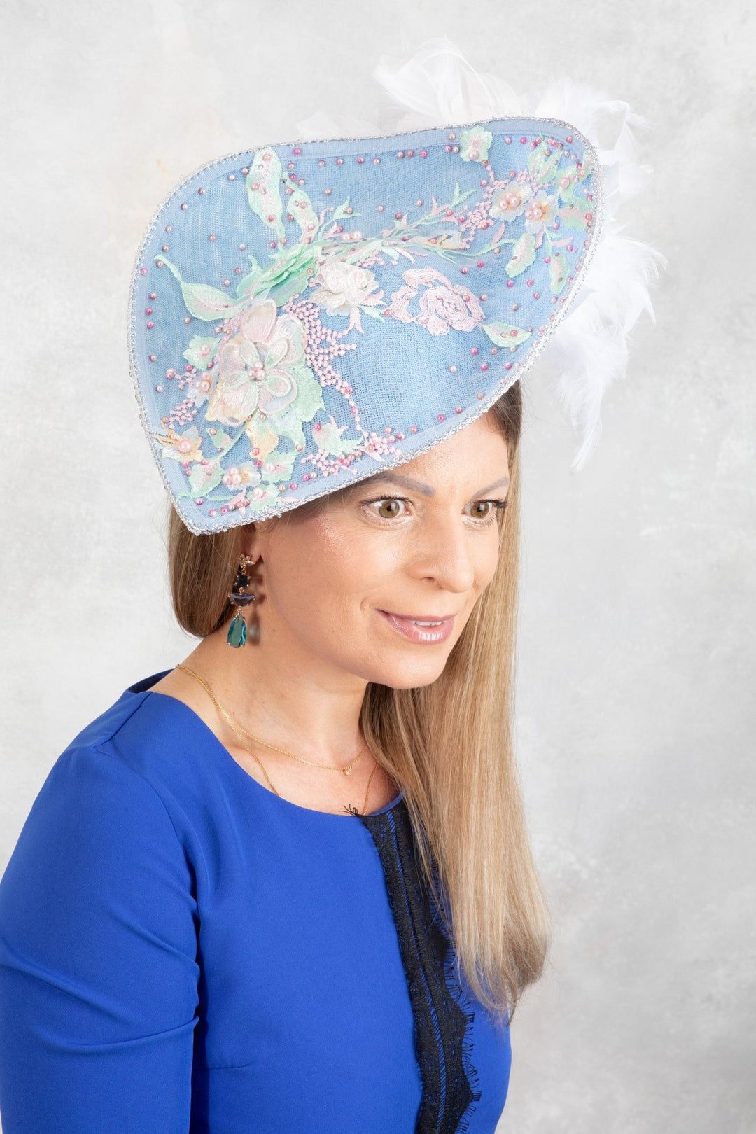 Sky Blue Teardrop fascinator Hat with Lace Pearls & 3D Floral Accents - OlhaHeadband