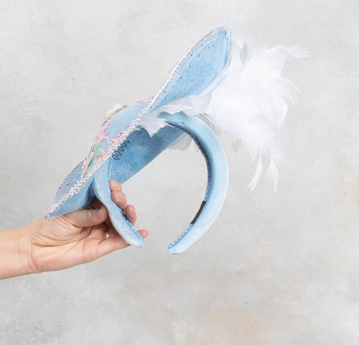 Sky Blue Teardrop fascinator Hat with Lace Pearls & 3D Floral Accents - OlhaHeadband
