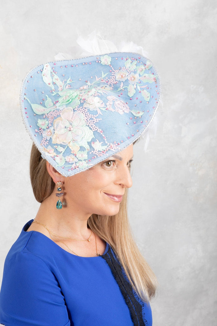 Sky Blue Teardrop fascinator Hat with Lace Pearls & 3D Floral Accents - OlhaHeadband