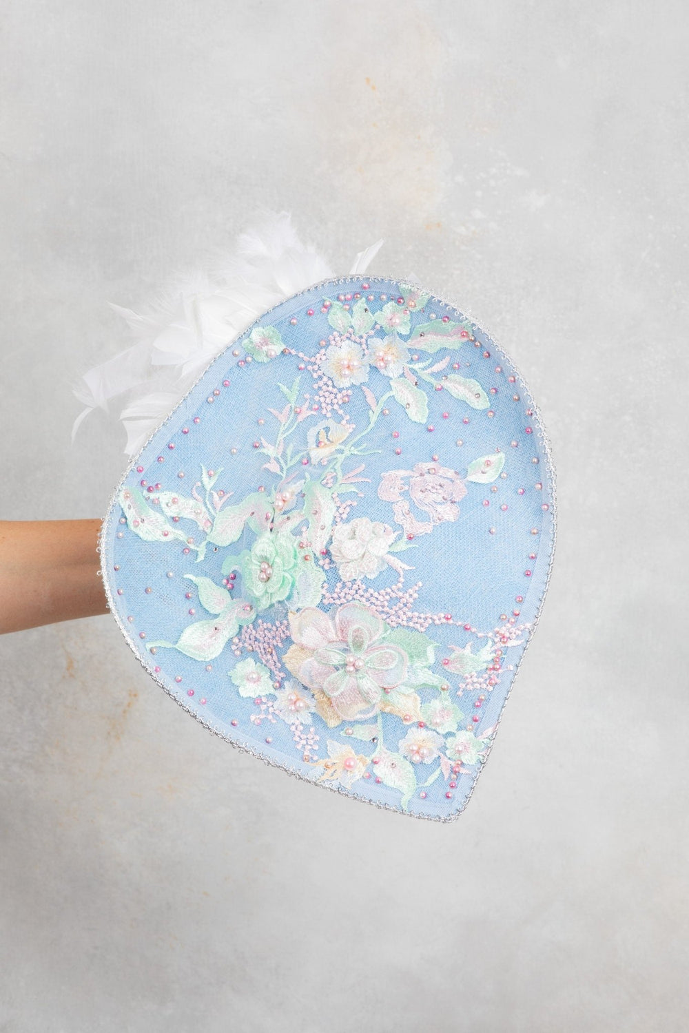 Sky Blue Teardrop fascinator Hat with Lace Pearls & 3D Floral Accents - OlhaHeadband