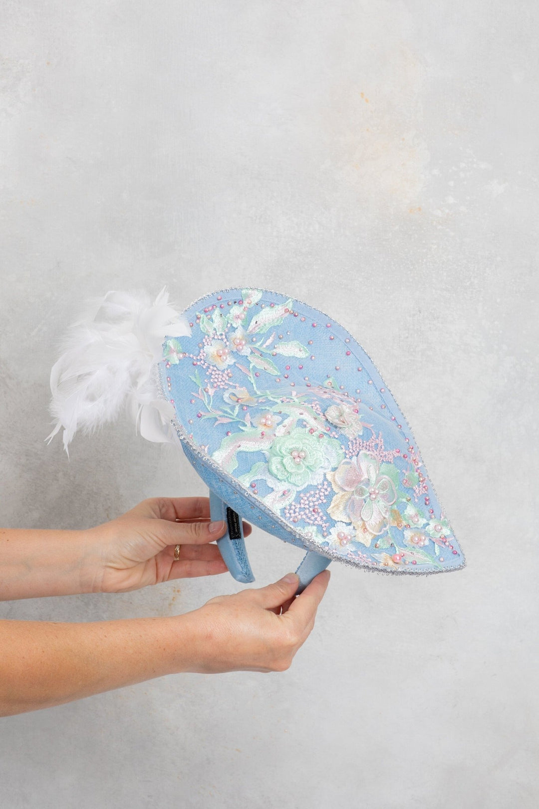 Sky Blue Teardrop fascinator Hat with Lace Pearls & 3D Floral Accents - OlhaHeadband