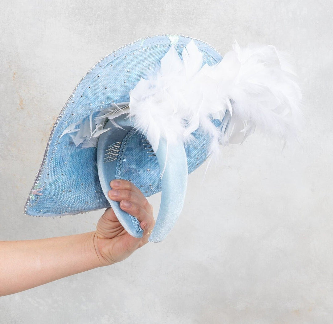 Sky Blue Teardrop fascinator Hat with Lace Pearls & 3D Floral Accents - OlhaHeadband
