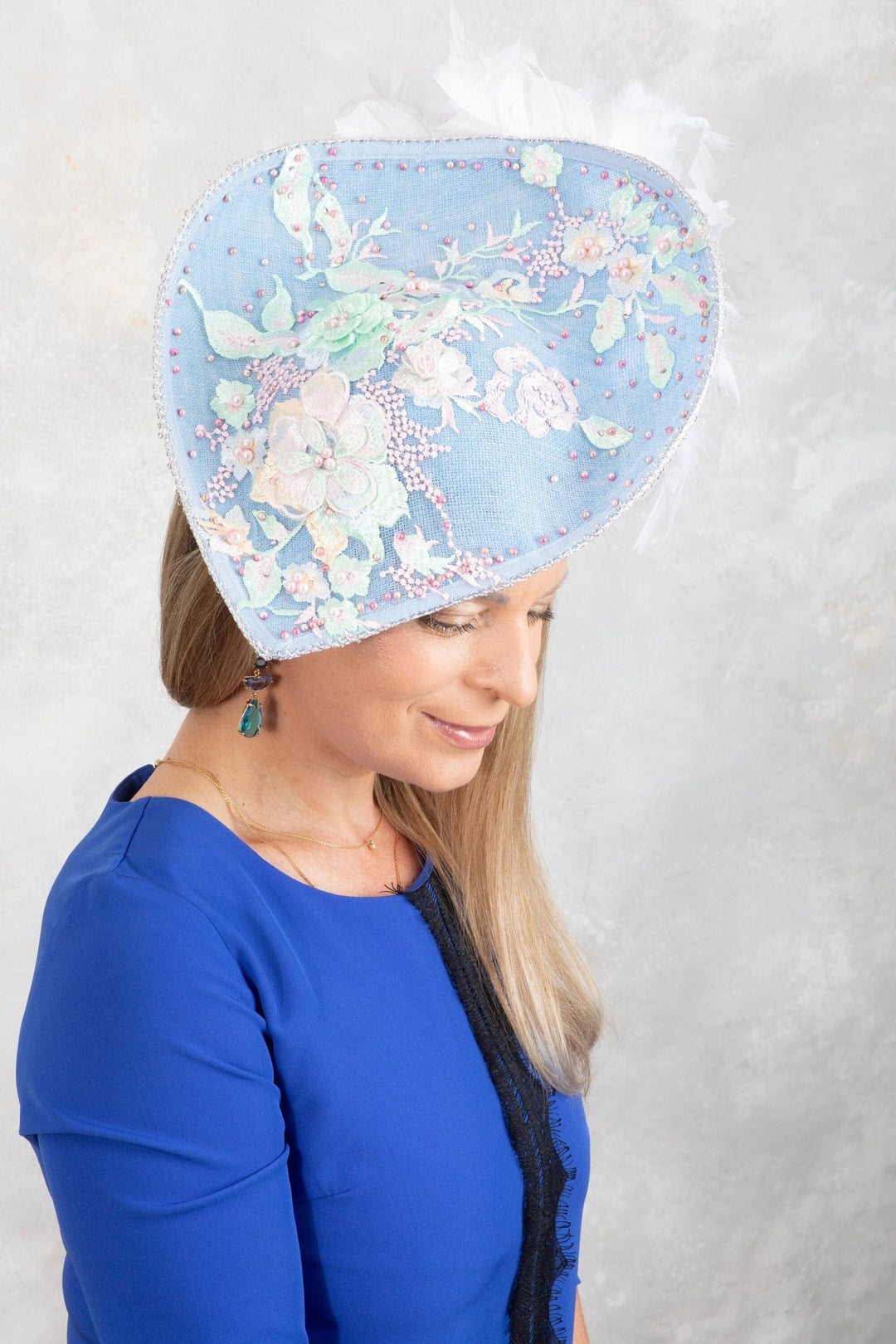 Sky Blue Teardrop fascinator Hat with Lace Pearls & 3D Floral Accents - OlhaHeadband