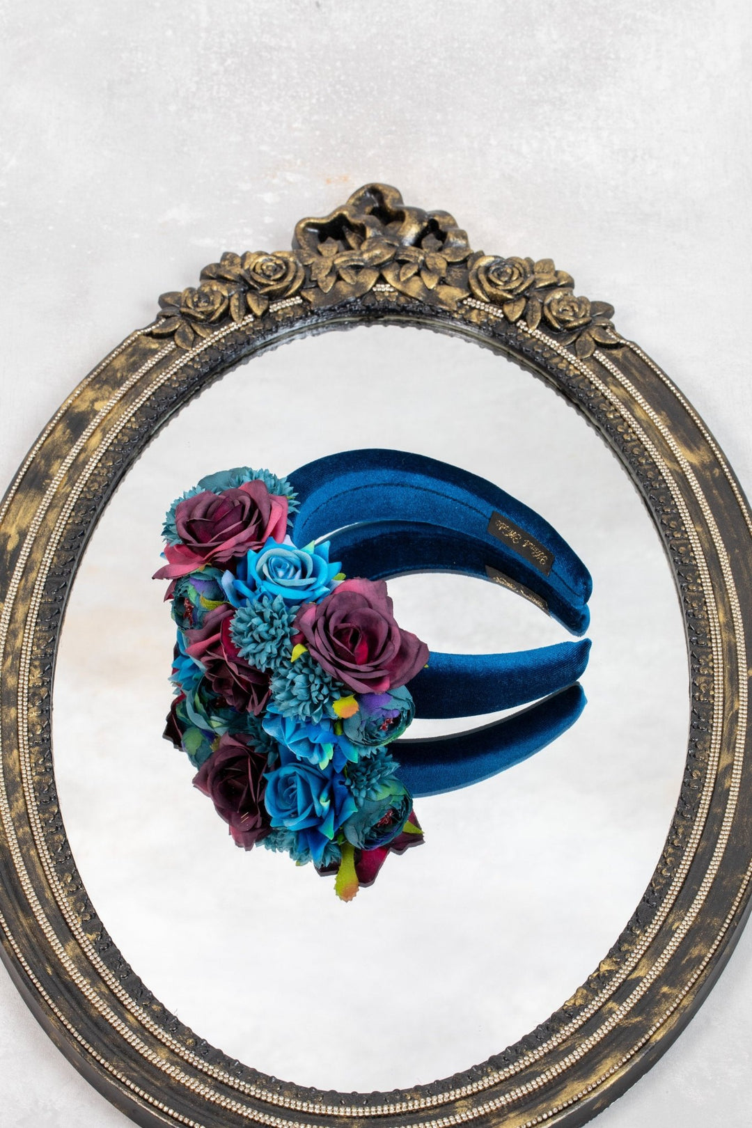 TEAL FASCINATOR with BURGUNDY FLOWERS - OlhaHeadband