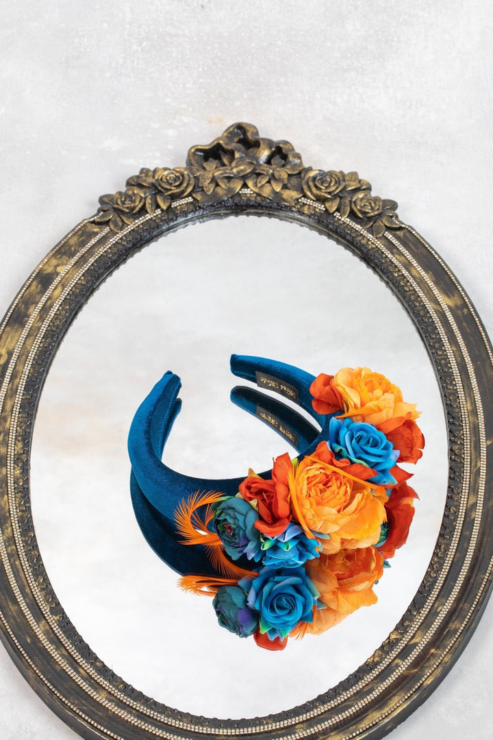 TEAL FASCINATOR WITH ORANGE FLOWERS - OlhaHeadband