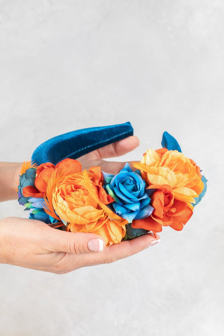 TEAL FASCINATOR WITH ORANGE FLOWERS - OlhaHeadband