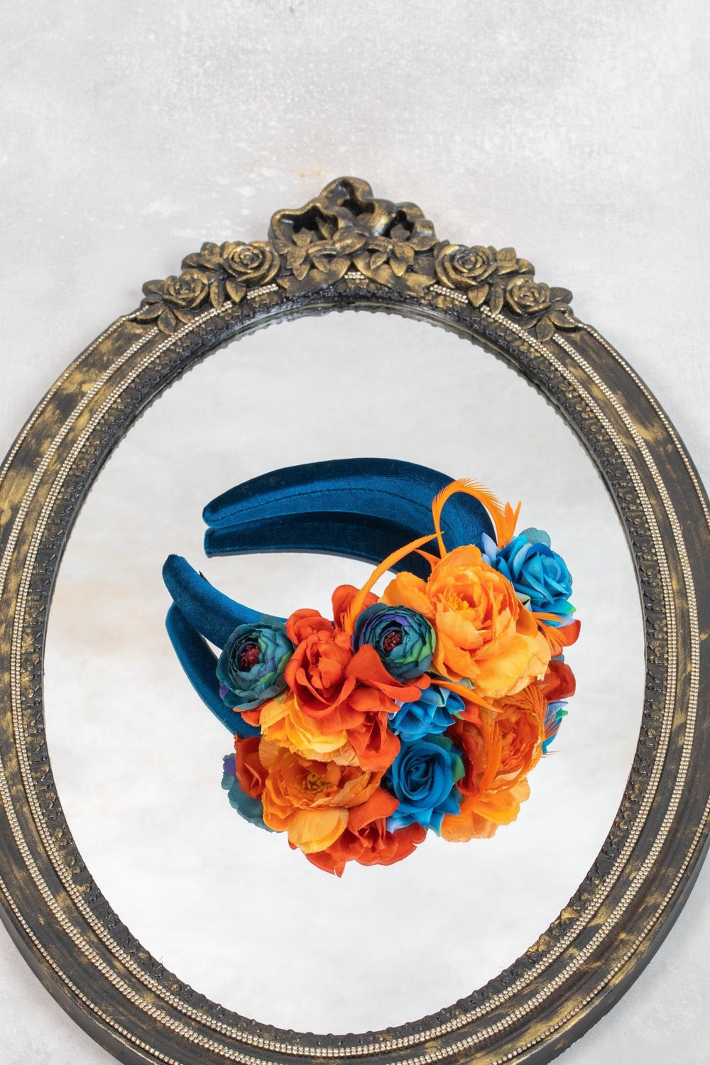 TEAL FASCINATOR WITH ORANGE FLOWERS - OlhaHeadband