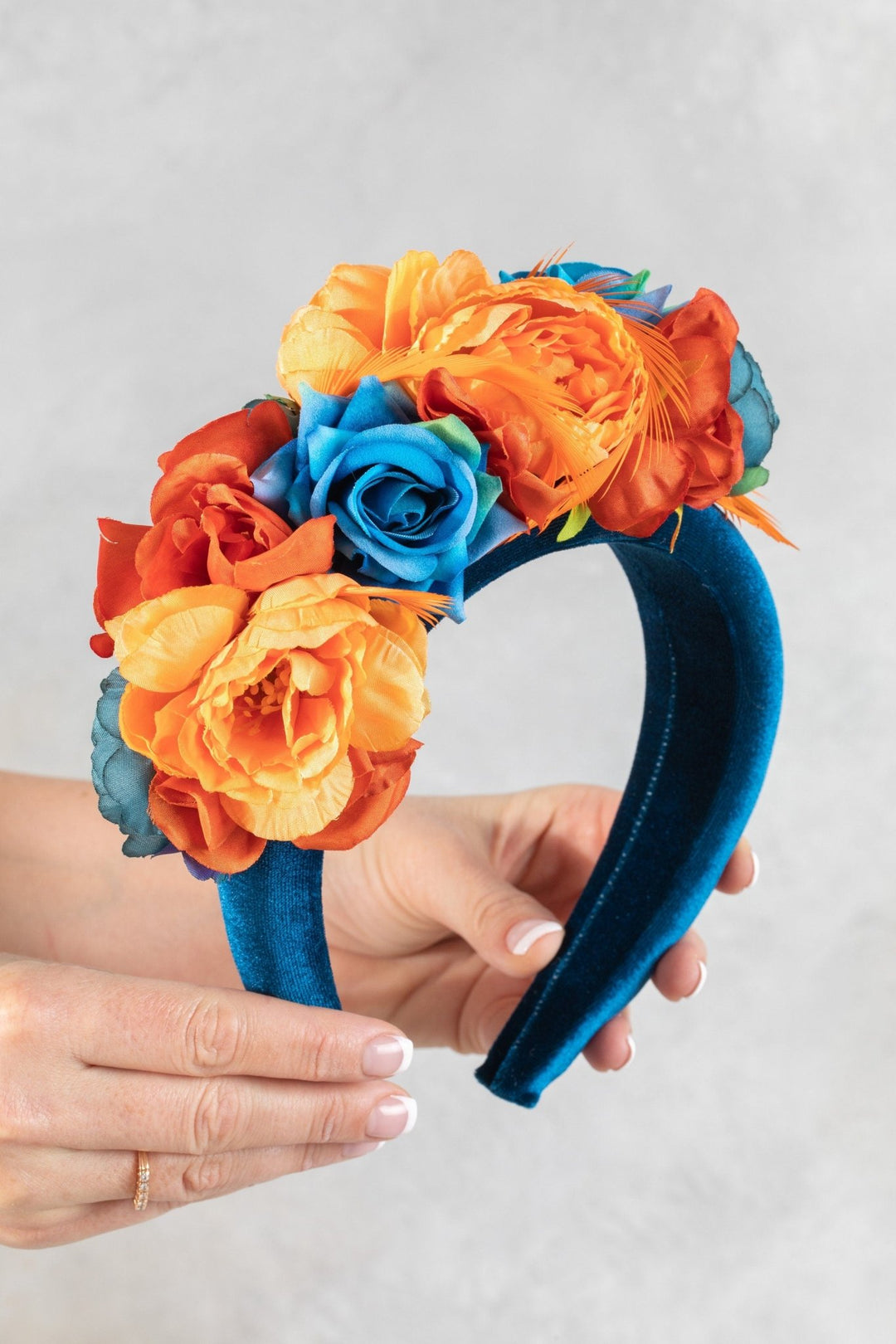 TEAL FASCINATOR WITH ORANGE FLOWERS - OlhaHeadband