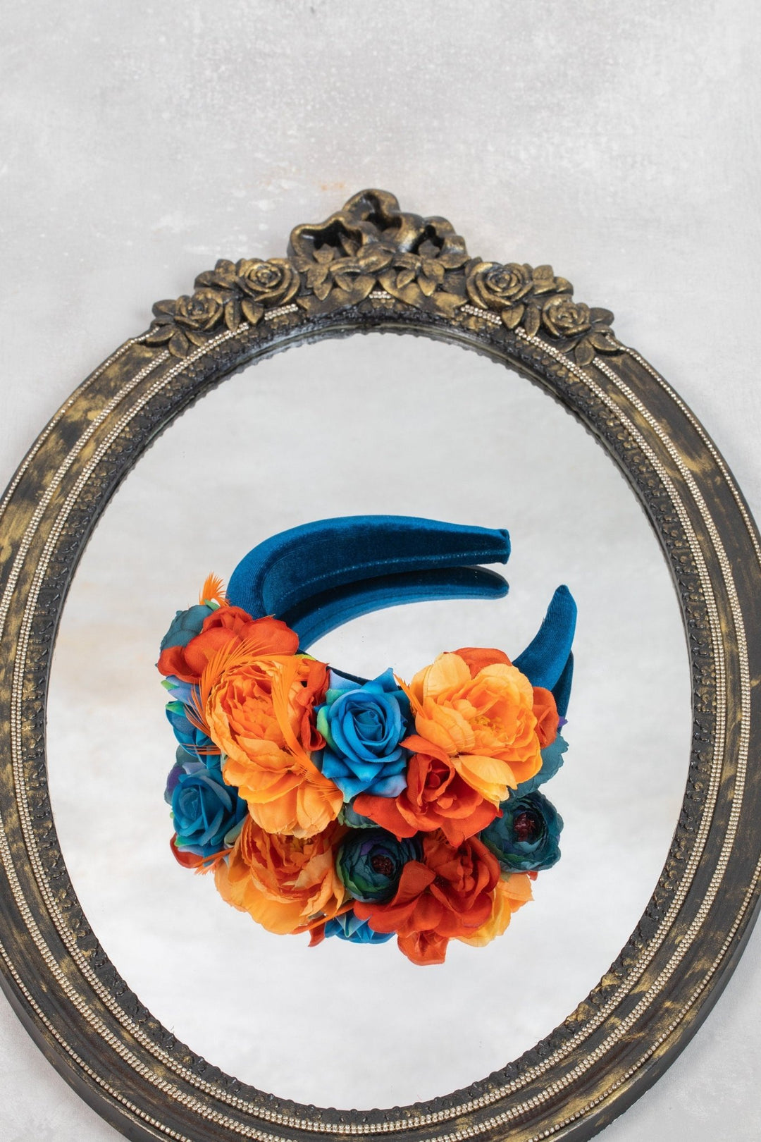 TEAL FASCINATOR WITH ORANGE FLOWERS - OlhaHeadband