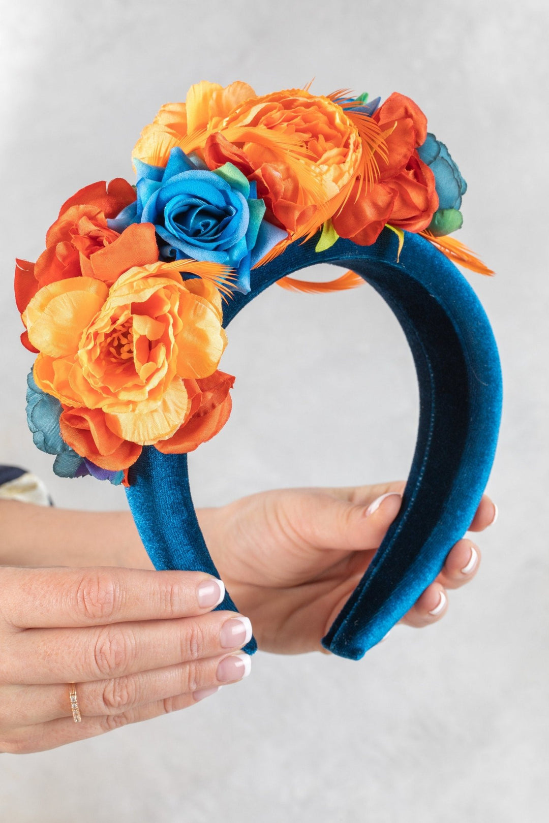 TEAL FASCINATOR WITH ORANGE FLOWERS - OlhaHeadband