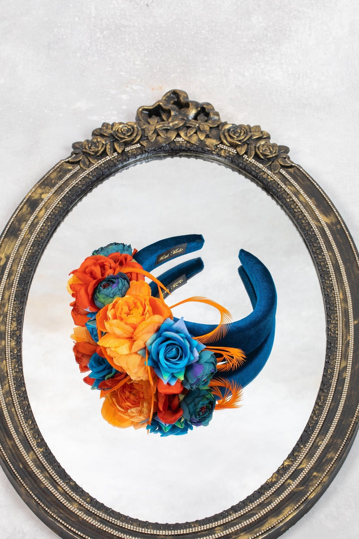 TEAL FASCINATOR WITH ORANGE FLOWERS - OlhaHeadband